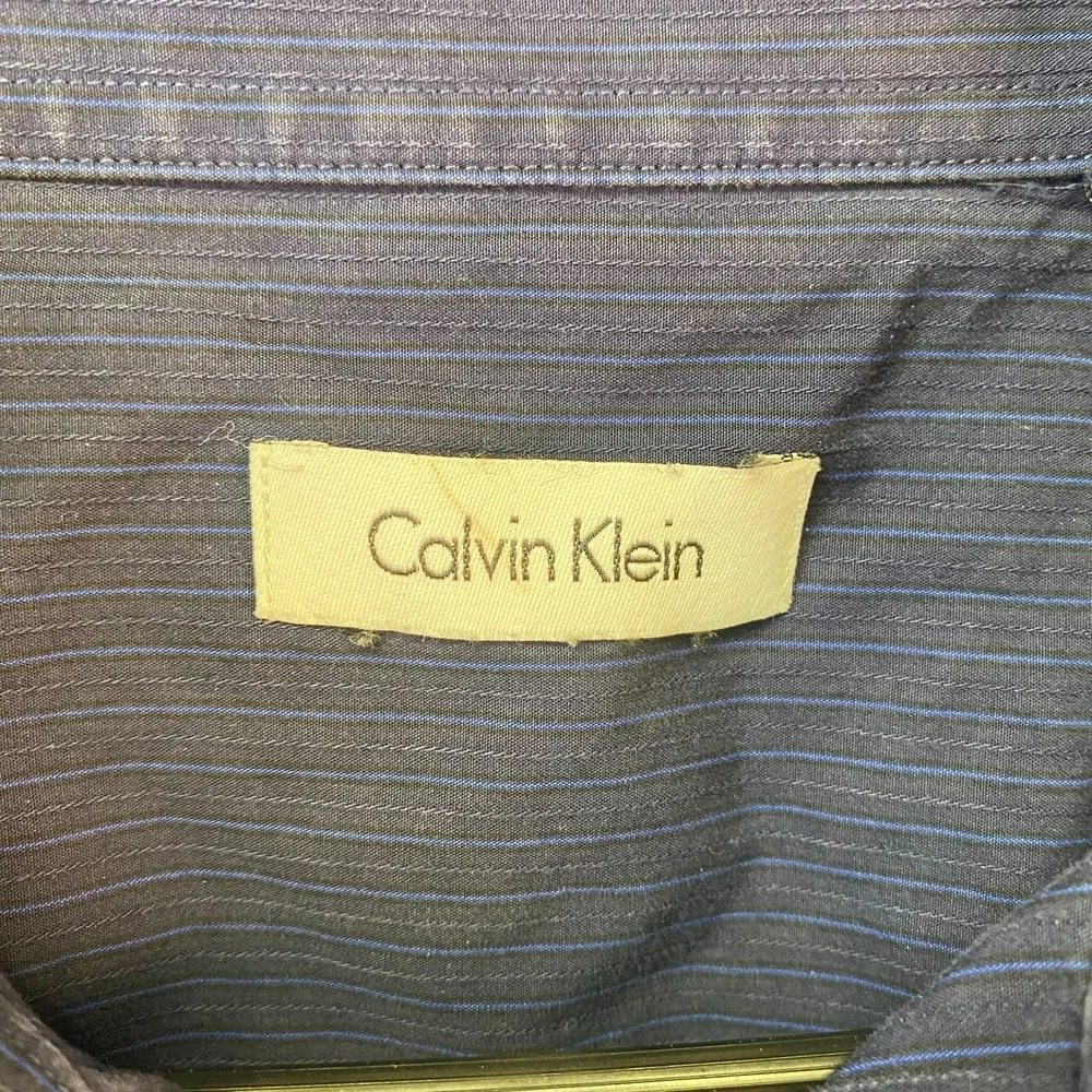Calvin Klein Men's Dress Shirt 17 1/2 34/35 Navy Blue Striped Cotton